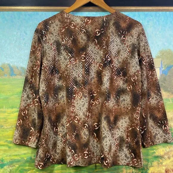 Vintage Chicos Blouse Size 3 Large Chicos BlouseShimmer Rusty Brown Red Cream - Picture 9 of 16